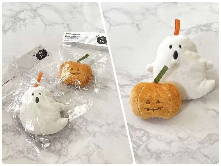 セリアぬいぐるみオーナメントおばけ、ハロウィン小のパッケージと中身