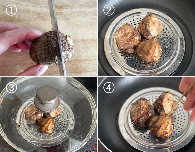 里芋の皮を蒸して剥く方法をコラージュ画像で紹介