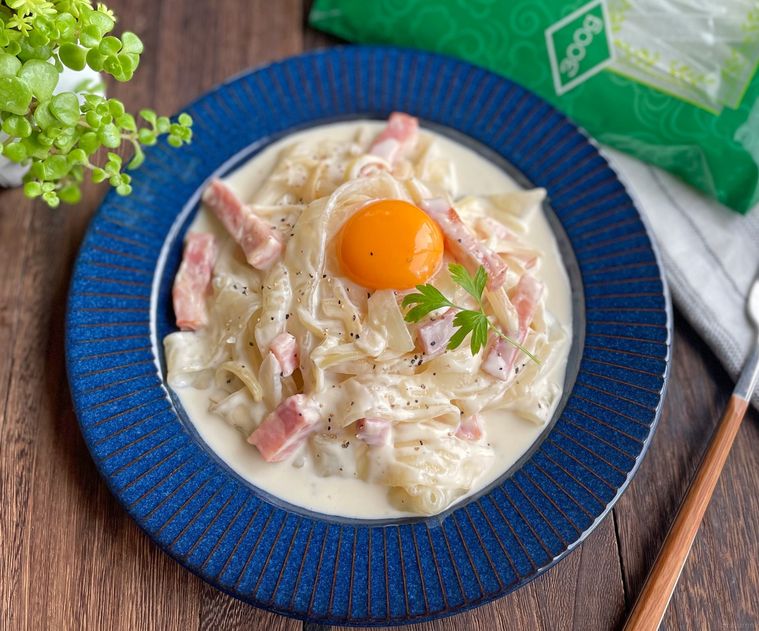 業務スーパー東北大拉皮をカルボナーラ風にアレンジ