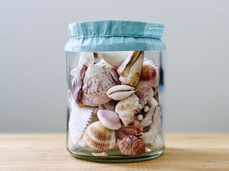 マスキングテープで作ったシュシュを貝殻が入った瓶にはめた様子