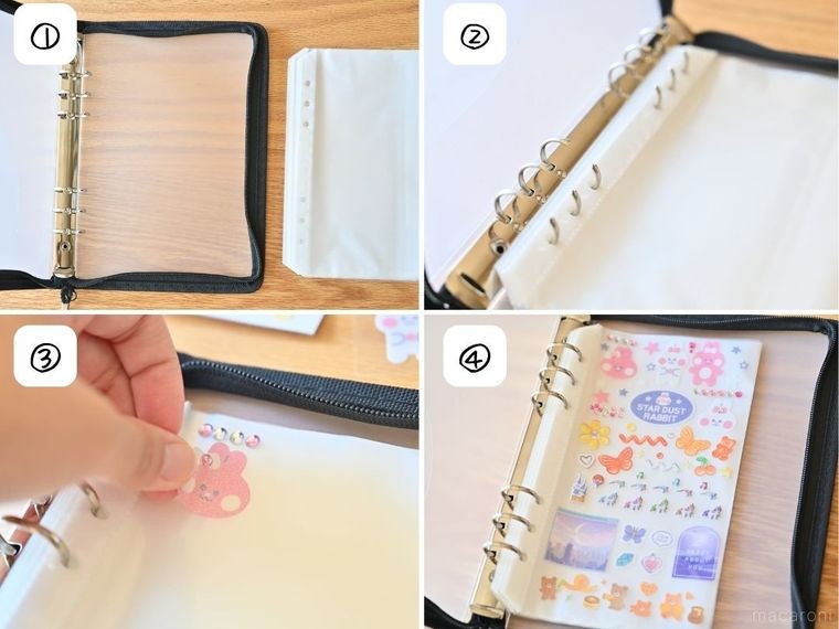 ジッパー付きファイルとリフィルでシール帳を作っている様子