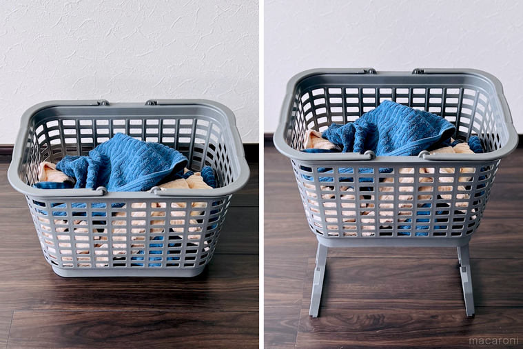 ダイソーの高さが変えられるバスケットに洗濯物を入れた様子