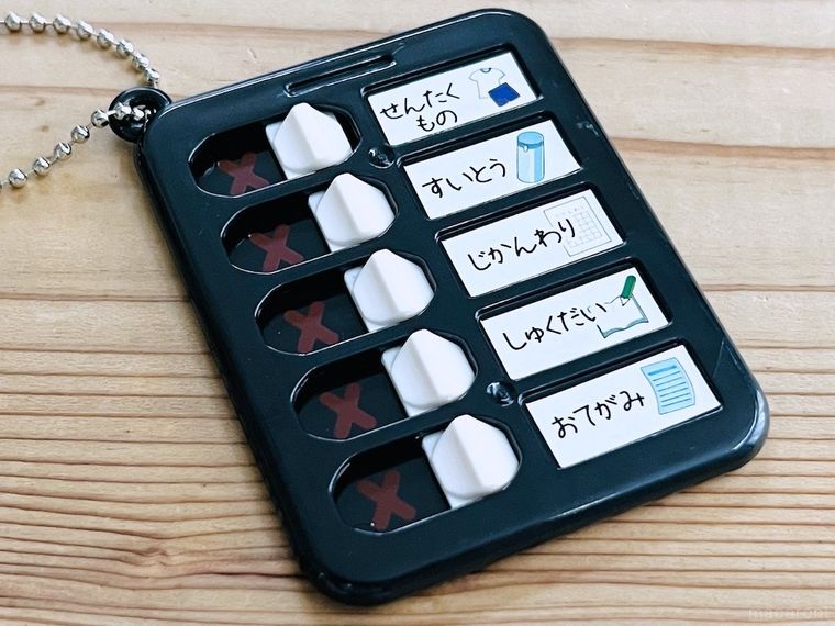 ダイソーのキーホルダーチェッカーに項目シールを貼った様子