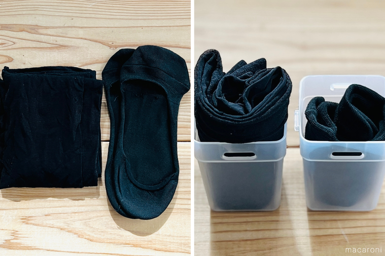 くつした整理カップに黒いストッキングとフットカバーを収納した様子
