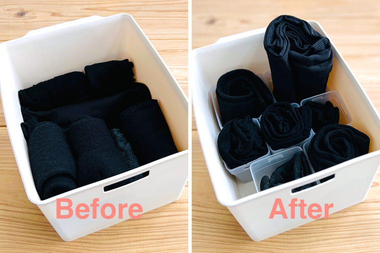 くつした整理カップを使用する前と後の靴下ケースの様子