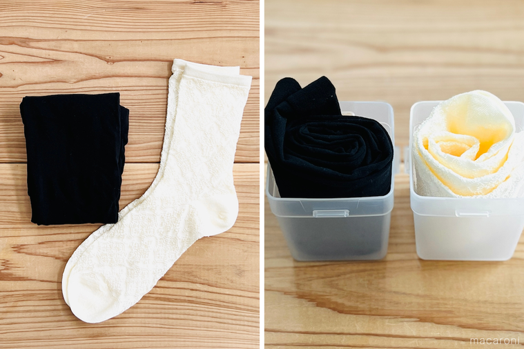 くつした整理カップに黒いタイツと白い靴下を収納した様子