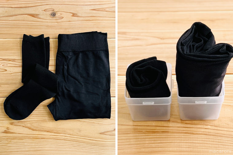 くつした整理カップに黒い靴下とスパッツを収納した様子