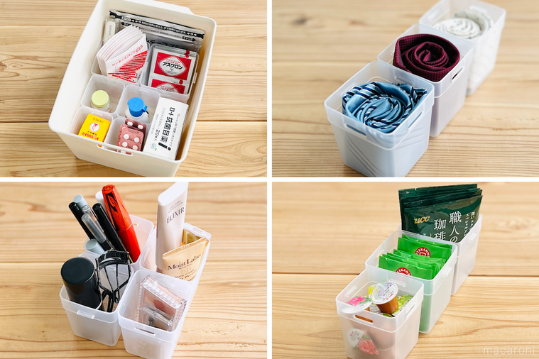 くつした整理カップに薬、ネクタイ、メイク用品、お茶セットを収納した様子