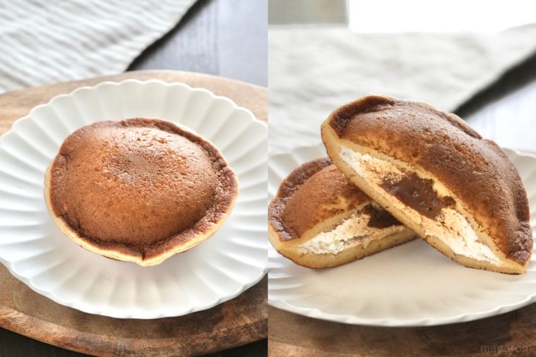 木のカッティングボードと白い皿にのったキャラメル味のどらもっち