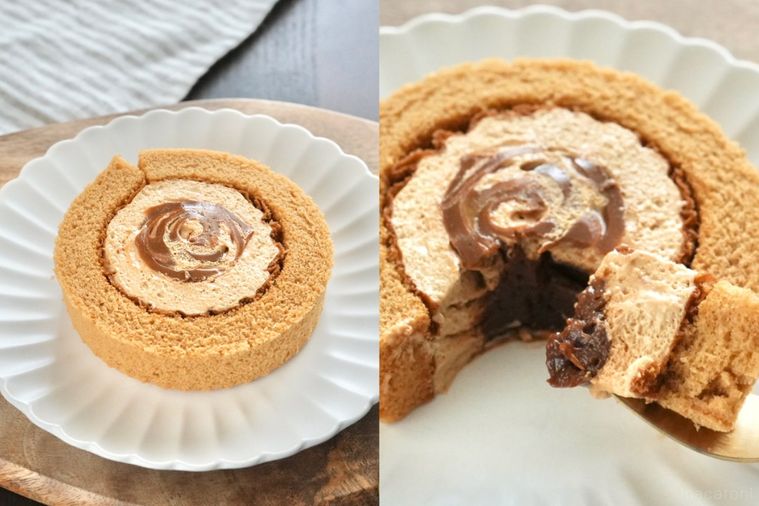 木のカッティングボードと白い皿にのったキャラメル味のロールケーキと断面