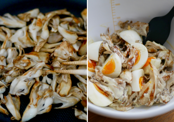焼いたまいたけをゆで卵と調味料と混ぜサラダを作る様子