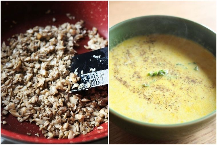 まいたけのみじん切りをフライパンで炒めたものと完成形