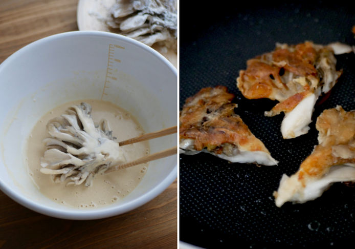 まいたけの天ぷらを揚げずに作る様子