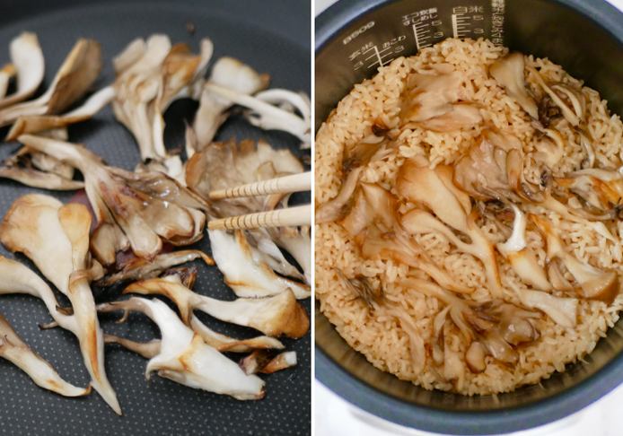 まいたけを炒めて炊き込みごはんを作る様子