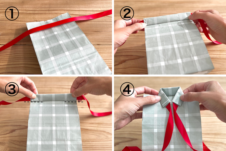 紙袋を襟シャツ風にアレンジしている様子