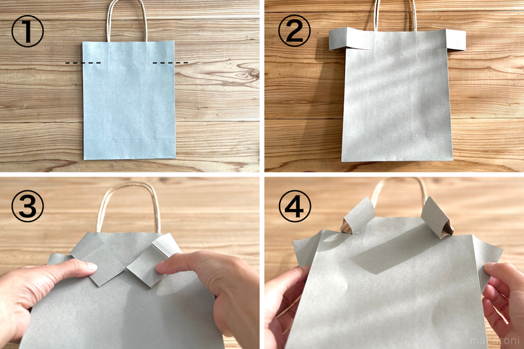 紙袋を襟シャツ風にアレンジしている様子