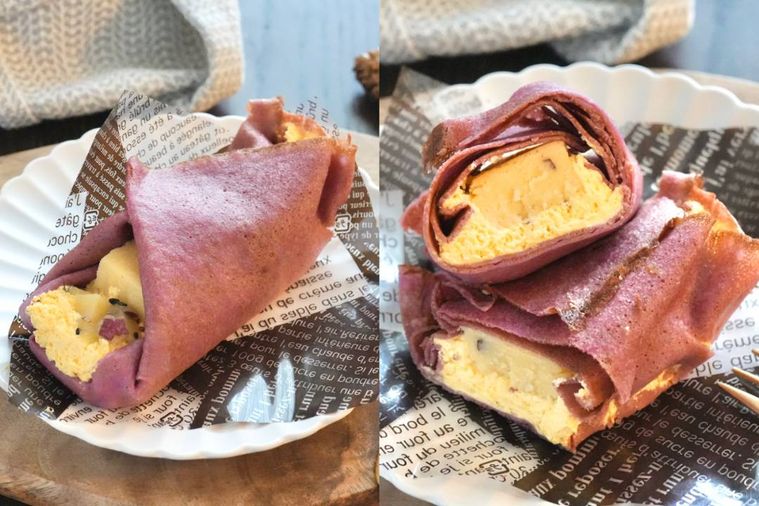 木のカッティングボードと白い皿にのったさつまいものクレープ