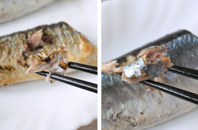 焼きさんまとゆでさんまの身を箸で摘む様子