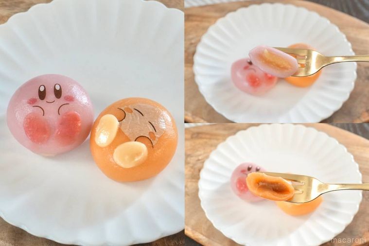 木のカッティングボードと白い皿にのったキャラクター型のもちスイーツを金のフォークで食べる様子