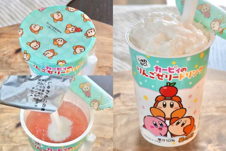 木のカッティングボードにのったゼリードリンクに粉をかけて混ぜる様子