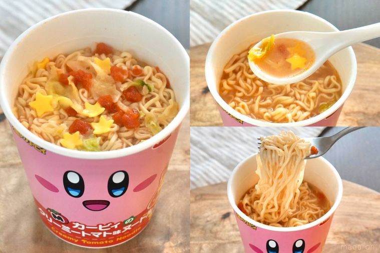 ピンク色のパッケージのトマトヌードルをフォークとれんげで食べる様子