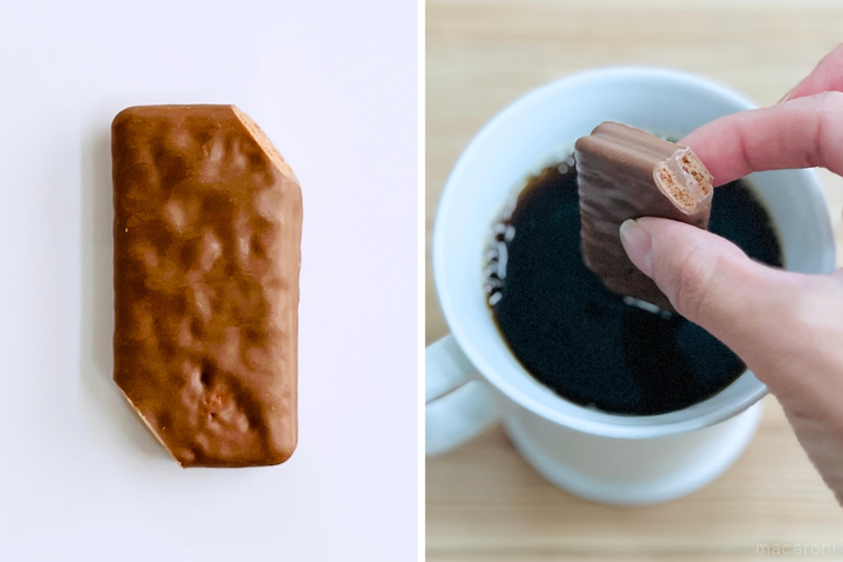 アーノッツ ティムタム オリジナルをコーヒーに浸している様子