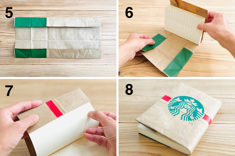 紙袋でブックカバーを作っている様子