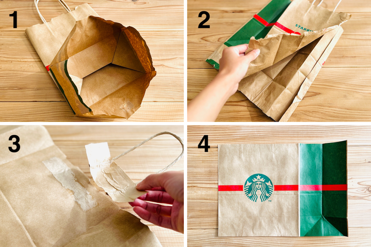 紙袋でブックカバーを作っている様子