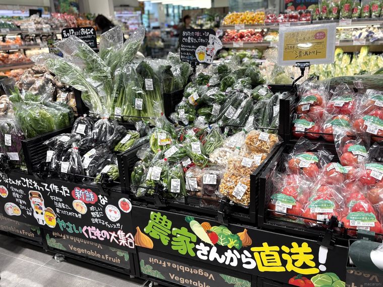 農家直送野菜が陳列されている