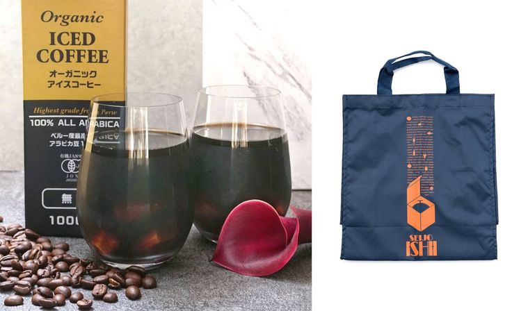 アイスコーヒーが入ったグラスと成城石井 ショッピングバッグ ネイビーオレンジ