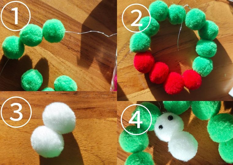 ポンポンで作る雪だるま付きのリースの作り方