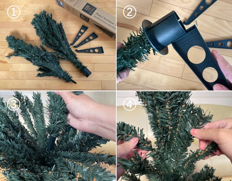 クリスマスツリーを組み立てているコラージュ写真