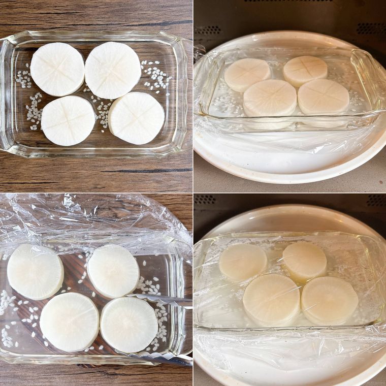 大根を電子レンジで下ゆでする様子