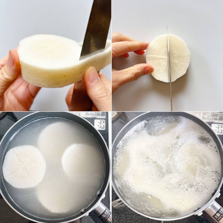 米の研ぎ汁を使って下茹でする様子