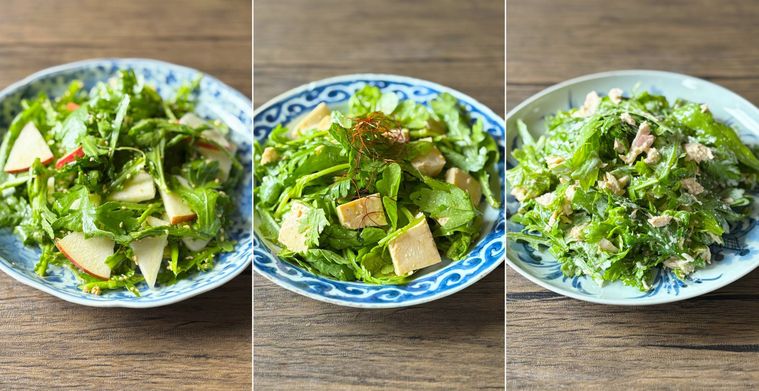 和皿に盛られた春菊のサラダ3種
