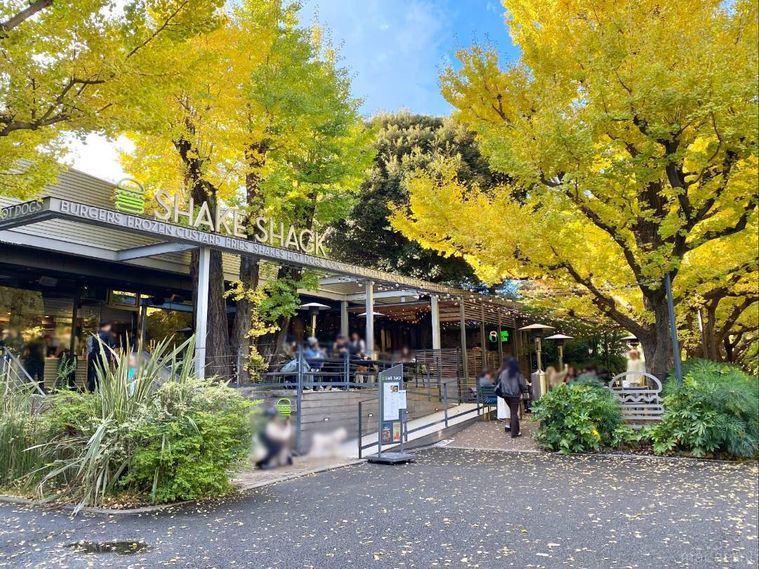 ハンバーガーショップシェイクシャックの店舗外観といちょう並木