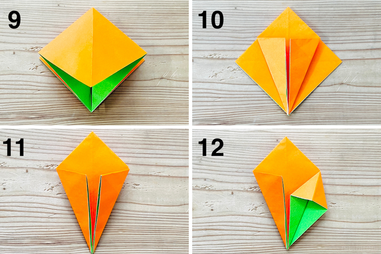 折り紙で柿を作っている様子