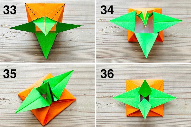 折り紙で柿を作っている様子