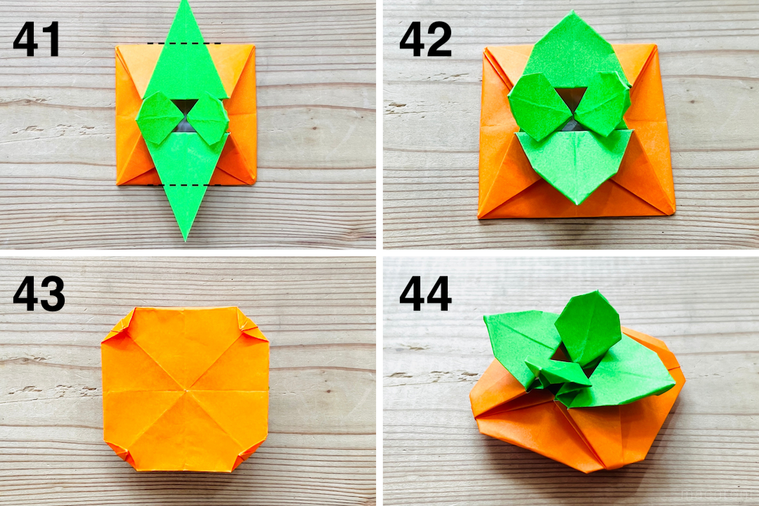 折り紙で柿を作っている様子
