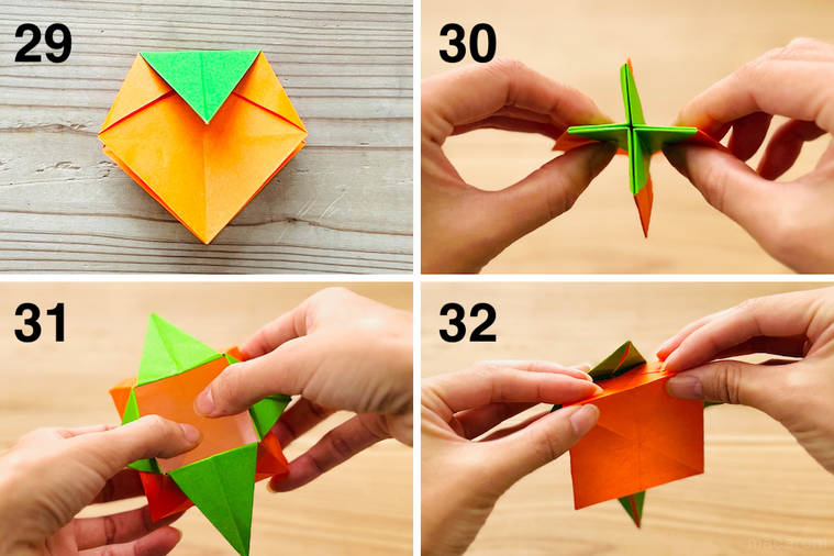 折り紙で柿を作っている様子