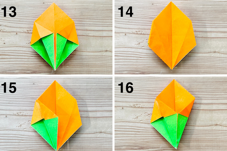 折り紙で柿を作っている様子