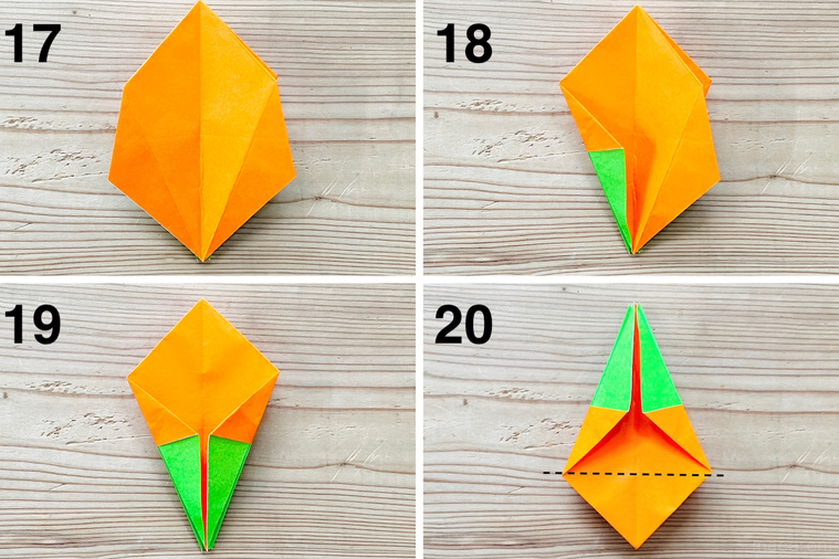 折り紙で柿を作っている様子
