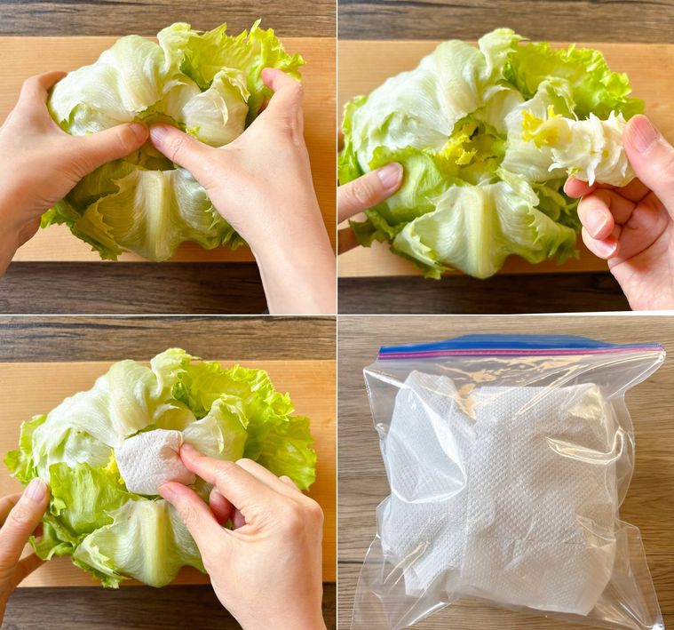 芯をくり抜いて湿らせたキッチンペーパーを詰めてキッチンペーパーで包んで保存袋に入れたもの