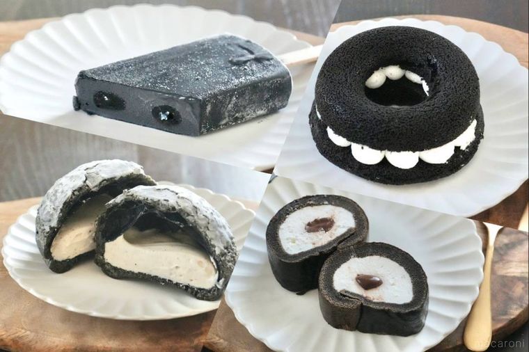 カッティングボードとブラックフライデーにちなんだ真っ黒なアイスとクッキーシュークリームとドーナツサンドとロールケーキ