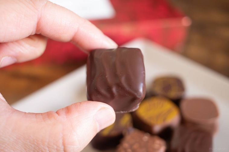 リンツダークラズベリー プラリネを手で持っている