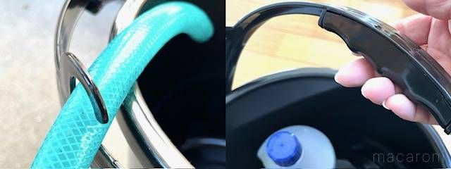 バケツの取っ手とホースを引っ掛けたフック