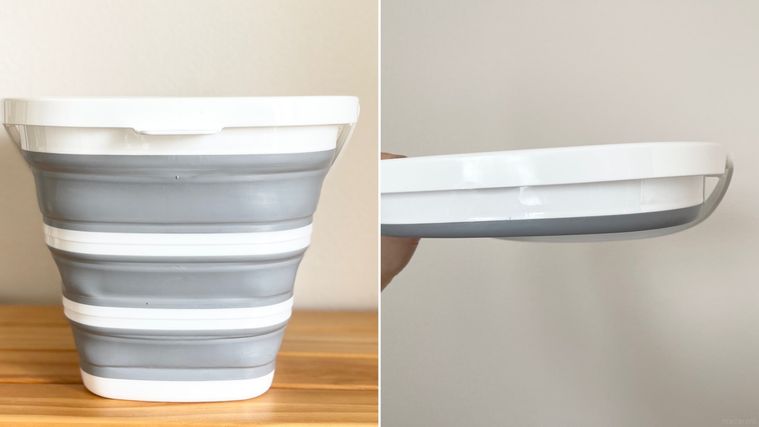 使用時と収納時のダイソーの折りたたみ角バケツ 7.5Lのコラージュ画