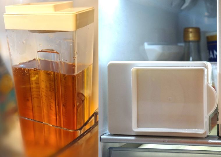 横置きできる冷水筒を冷蔵庫に入れている様子