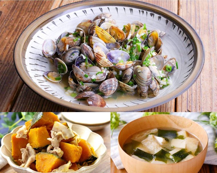 あさりの酒蒸しにかぼちゃの煮物と豆腐の味噌汁を合わせる献立