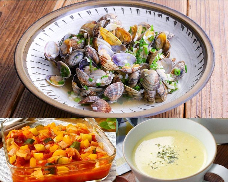 あさりの酒蒸しにラタトゥイユとコーンスープを合わせる献立